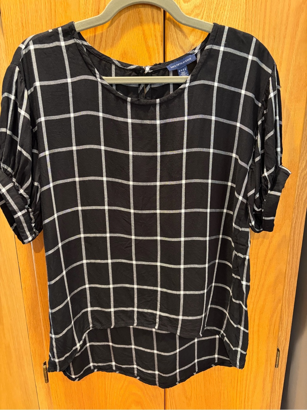Saks Fifth Avenue Black and White Windowpane Short Sleeve Blouse